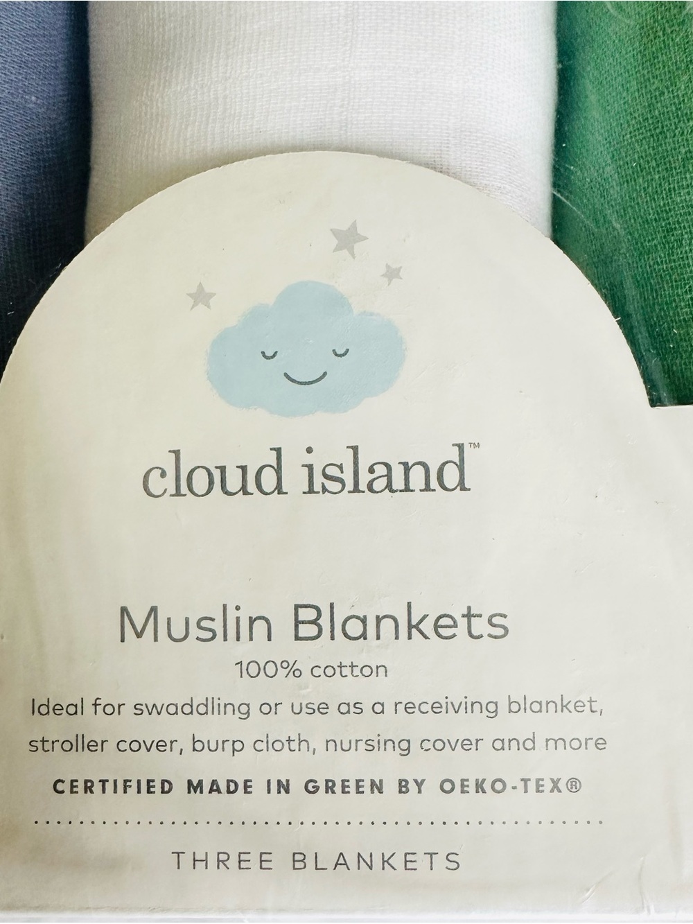 cloud island Muslin Blanket Set in White, Green, Dark Blue